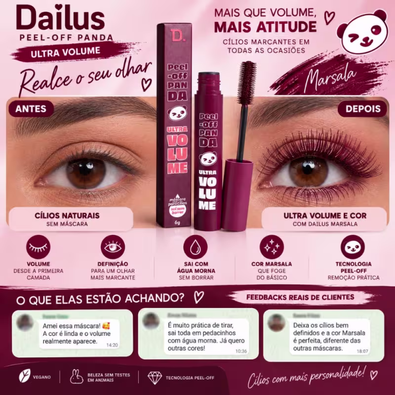 Máscara Para Cílios Dailus Peel-Off Panda Ultra Volume Marsala 6g