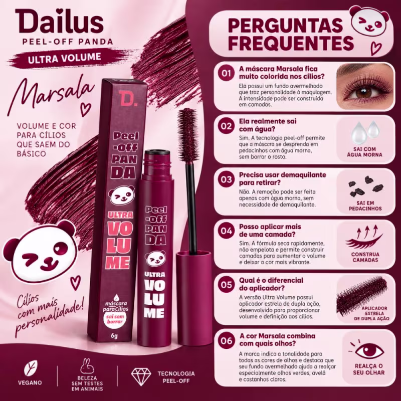 Máscara Para Cílios Dailus Peel-Off Panda Ultra Volume Marsala 6g