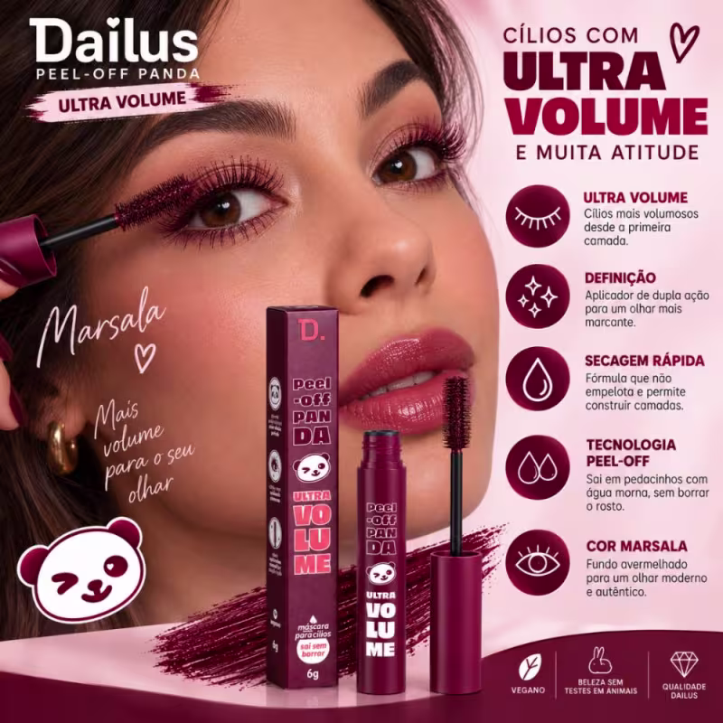 Máscara Para Cílios Dailus Peel-Off Panda Ultra Volume Marsala 6g