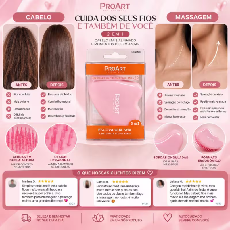 Escova Gua Sha Proart 2 Em 1 Massageador Rosa Egs01bb