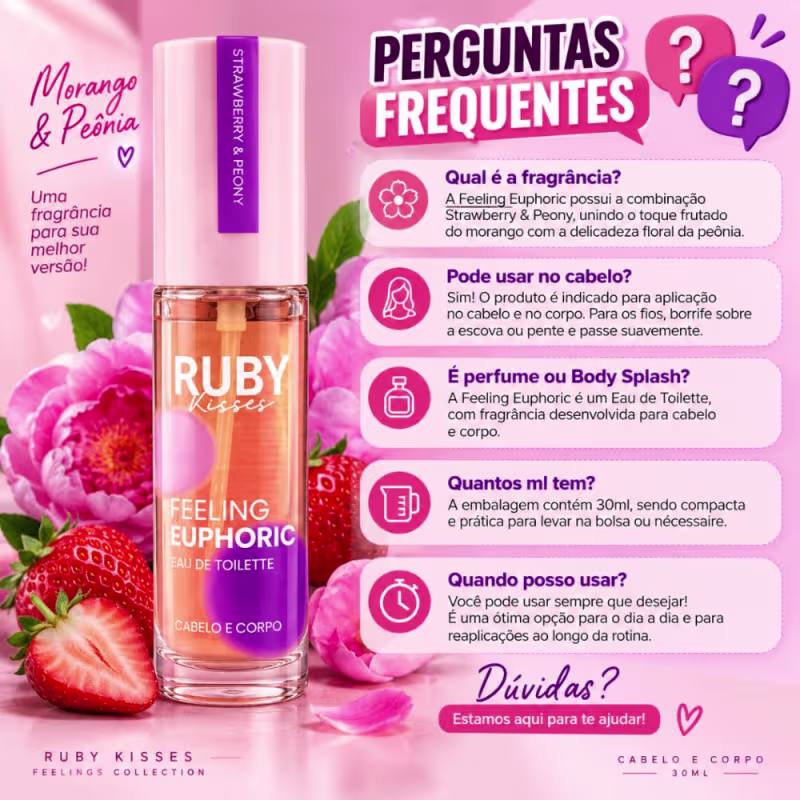 Colônia Ruby Kisses Feeling Euphoric Eau De Toilette Cabelo e Corpo Strawberry & Peony 30ml