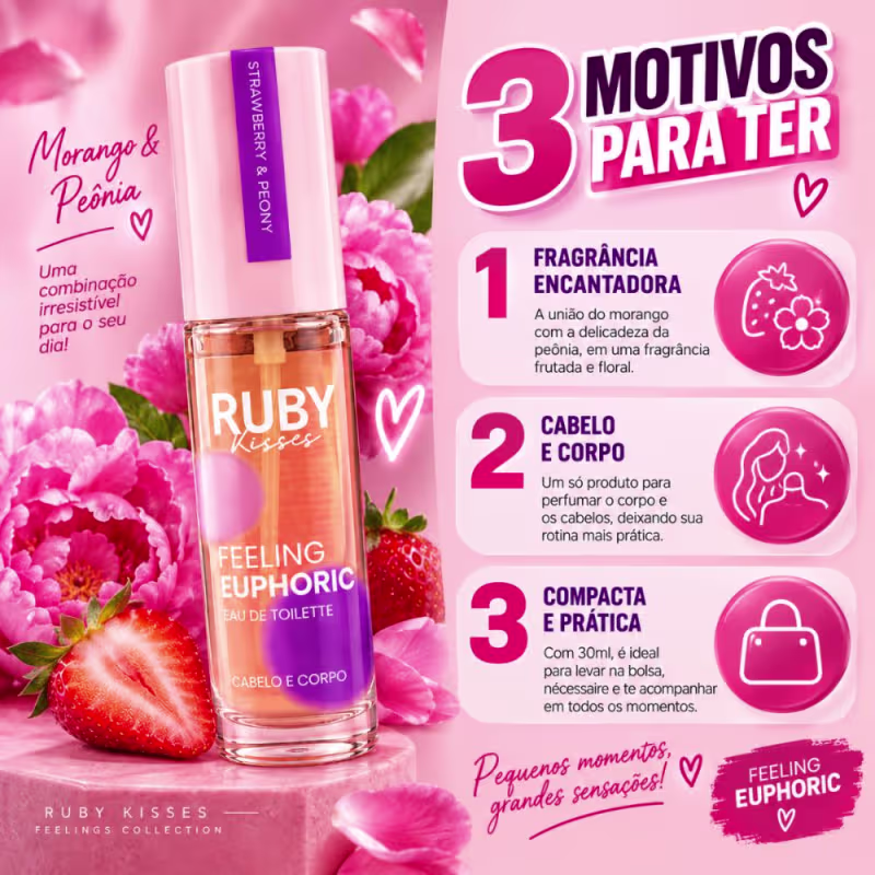 Colônia Ruby Kisses Feeling Euphoric Eau De Toilette Cabelo e Corpo Strawberry & Peony 30ml
