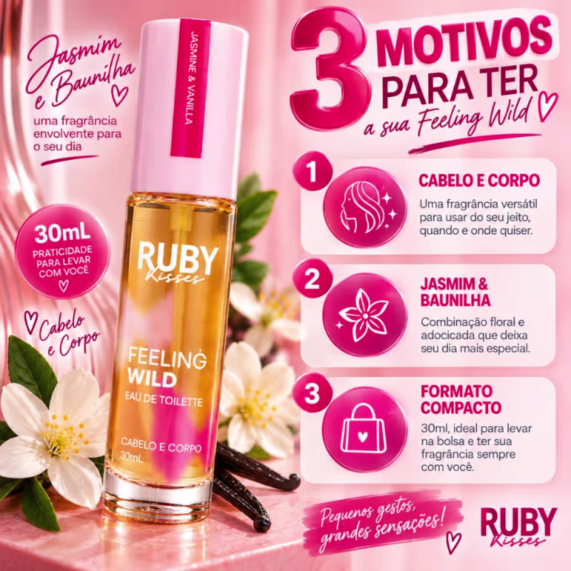 Colônia Ruby Kisses Feeling Wild Eau De Toilette Cabelo e Corpo Jasmine & Vanilla 30ml