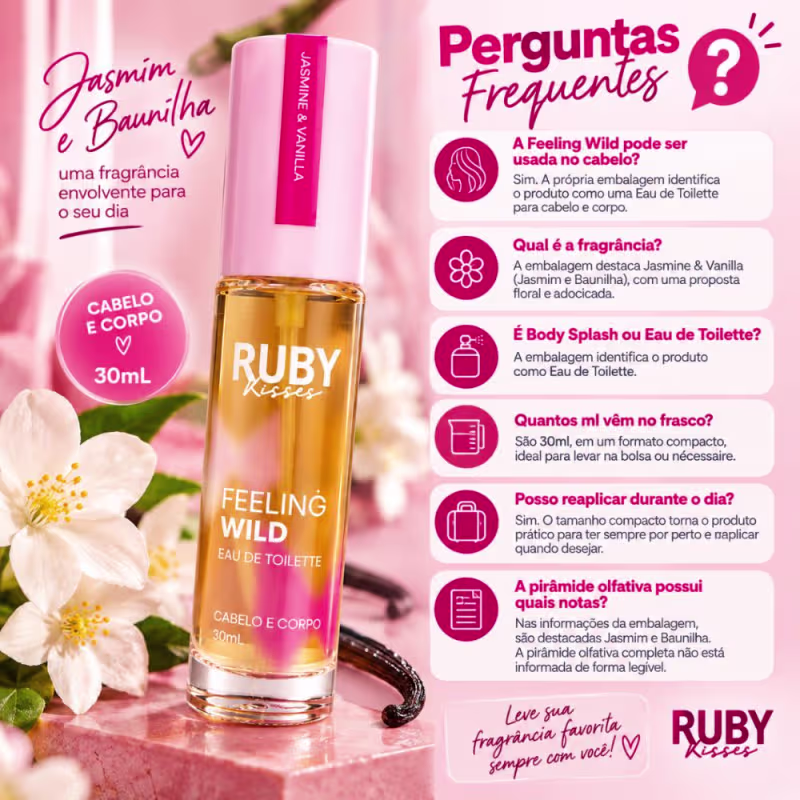 Colônia Ruby Kisses Feeling Wild Eau De Toilette Cabelo e Corpo Jasmine & Vanilla 30ml