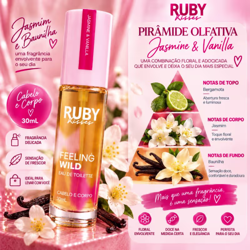 Colônia Ruby Kisses Feeling Wild Eau De Toilette Cabelo e Corpo Jasmine & Vanilla 30ml