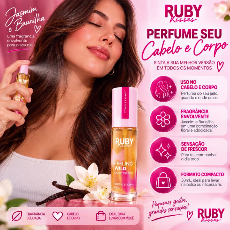 Colônia Ruby Kisses Feeling Wild Eau De Toilette Cabelo e Corpo Jasmine & Vanilla 30ml