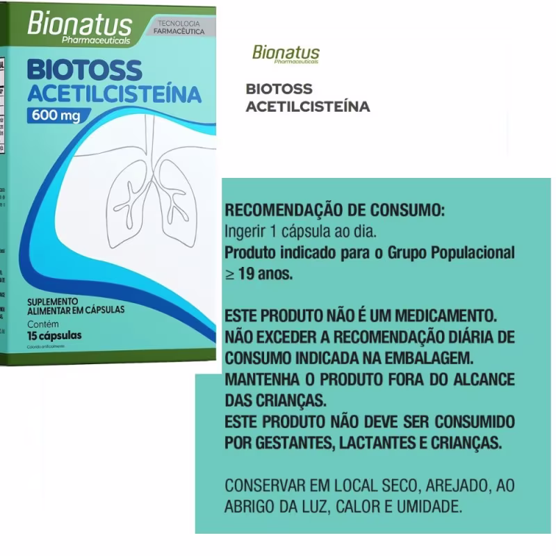 Suplemento Alimentar Bionatus Biotoss Acetilcisteína 600mg 15 Cápsulas