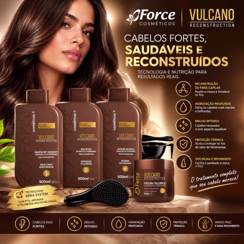 Kit de Reconstrução & Cauterização Capilar Profissional Vulcano 4 Passos - Force Cosméticos