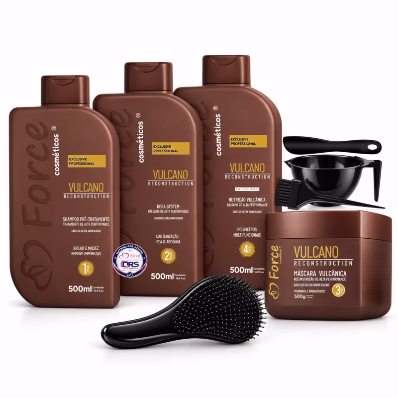 Kit de Reconstrução & Cauterização Capilar Profissional Vulcano 4 Passos - Force Cosméticos