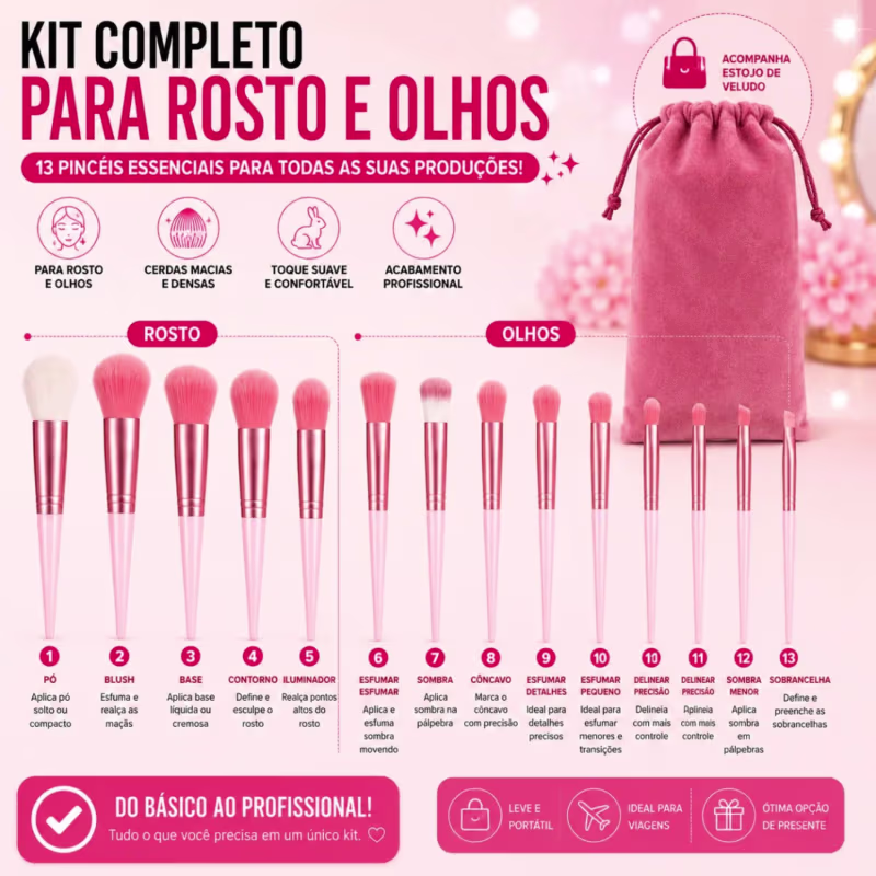 Kit Com 13 Pincéis De Maquiagem olhos, rosto Make com estojo