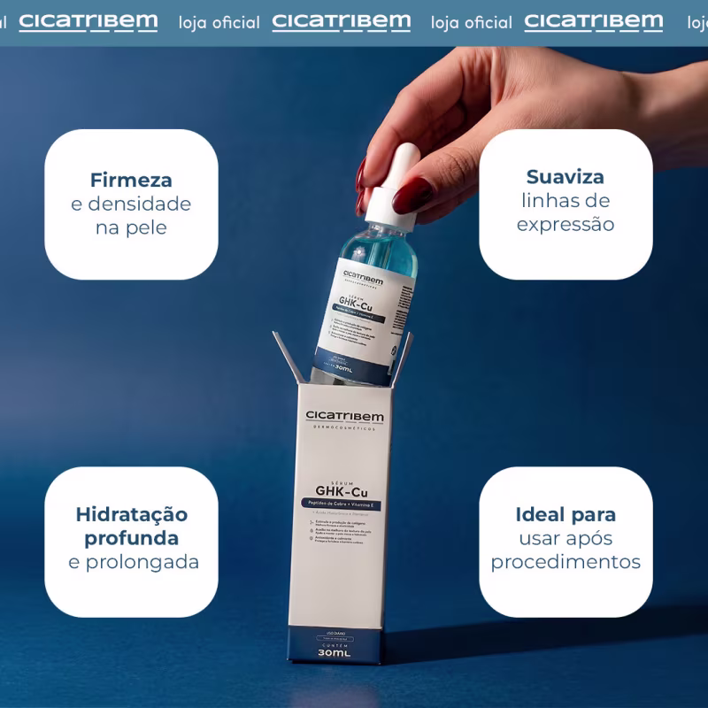 Sérum Facial GHK-Cu 30ml Cicatribem com Peptídeo de Cobre, Ácido Hialurônico, Pantenol e Vitamina E - Firmeza, Densidade e Hidratação
