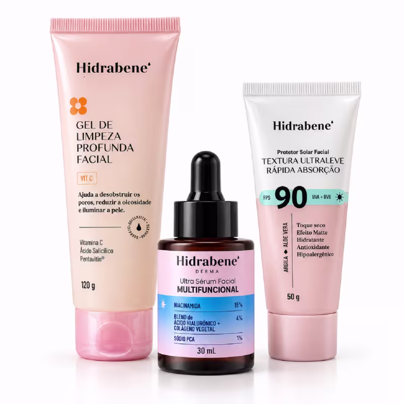Kit Rotina Facial Multifuncional Hidrabene com Ultra Sérum Gel de Limpeza e Protetor Solar Facial FPS90