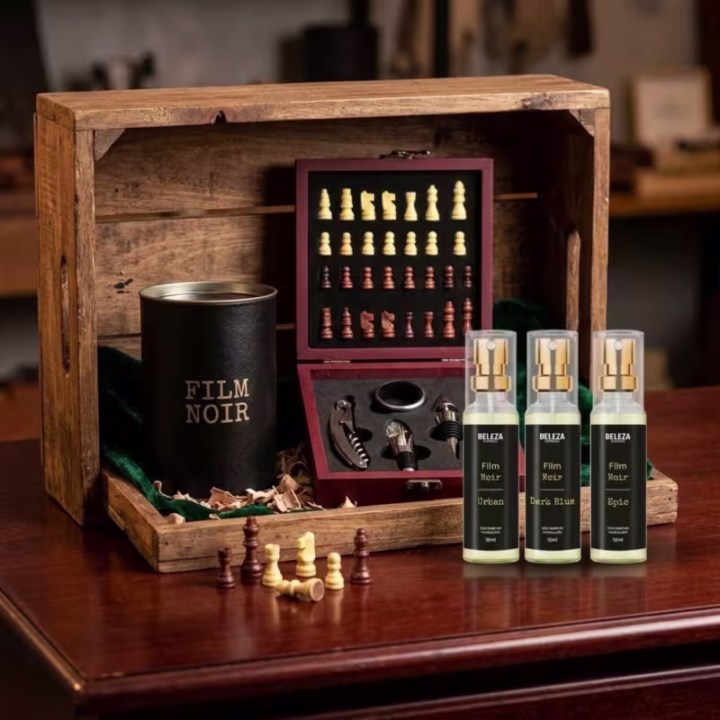 Kit Presente Masculino Perfumes, kit Vinho e jogo de xadrez