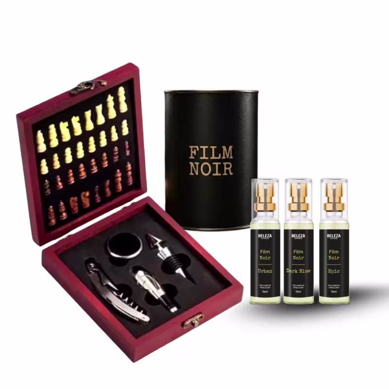 Kit Presente Masculino Perfumes, kit Vinho e jogo de xadrez