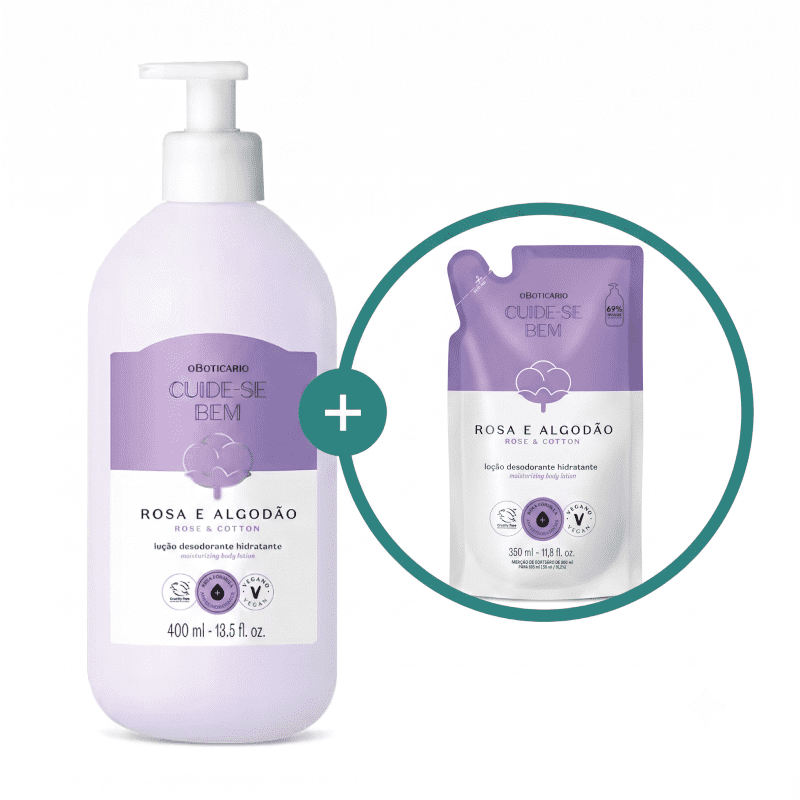 Combo Cuide-se Bem Rosa e Algodão: Loção Hidratante Corporal 400ml + Refil 350ml