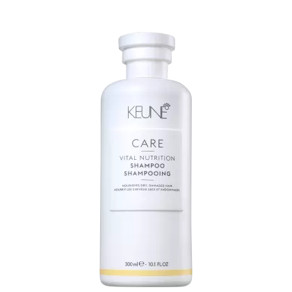 Frasco branco da linha Keune Care Vital Nutrition Shampoo, com rótulo destacando os benefícios de nutrição para cabelos secos e danificados. Embalagem de 300 ml.