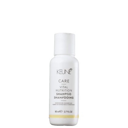 Frasco branco de 80 ml do Shampoo de Nutrição Vital da linha Keune Care, com rótulo em preto e amarelo destacando o nome da marca e do produto.