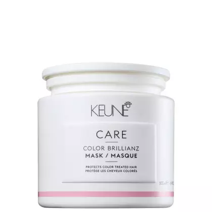 Frasco branco da linha Keune Care, contendo máscara para cabelos coloridos, com rótulo destacando "Color Brillianz Mask" e informações sobre a proteção da cor dos cabelos.