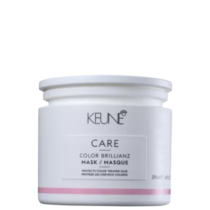 Frasco branco da linha Keune Care, contendo máscara para cabelos coloridos, com rótulo destacando "Color Brillianz Mask" e informações sobre a proteção da cor dos cabelos.