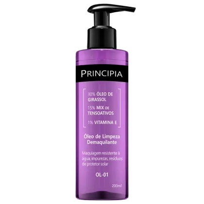 Frasco de óleo de limpeza demaquilante da marca Principia, com 200ml de capacidade. Embalagem de cor roxa com rótulo preto destacando os ingredientes: 30% óleo de girassol, 15% mix de tensoativos e 1% vitamina E.