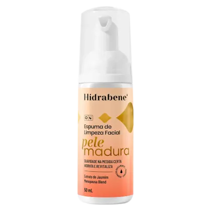 Espuma de limpeza facial Hidrabene Pele Madura, em frasco branco com rótulo laranja e detalhes em amarelo, contendo 50 mL do produto.