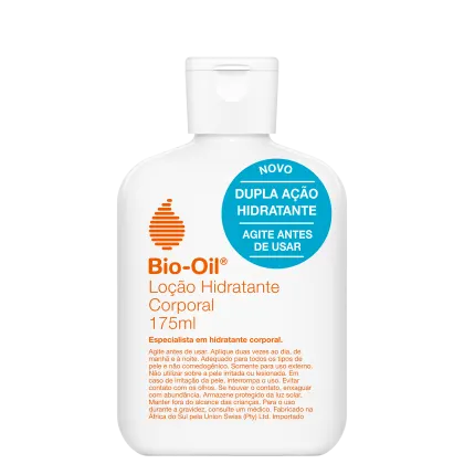 Frasco branco de loção hidratante corporal da marca Bio-Oil, com 175ml de volume. Rótulo com informações sobre a dupla ação hidratante e instruções de uso.
