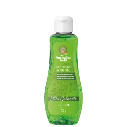 Gel de aloe vera calmante em frasco plástico transparente verde com tampa branca.  "Refresca e acalma a pele", "Ameniza sensação de calor", "Pele hidratada por 24 horas". Imagem de folha de palmeira estilizada.