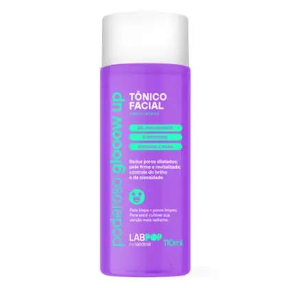 O produto apresentado é um Tônico Facial da marca Labotrat, com embalagem em formato cilíndrico e predominância da cor roxa. Volume de 110ml.