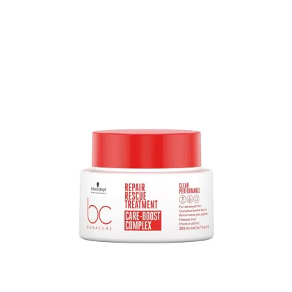 Pote branco com tampa vermelha da linha Bonacure da Schwarzkopf Professional, contendo tratamento de reparação para cabelos danificados, com texto "Repair Rescue Treatment" e "Care-Boost Complex" no rótulo.