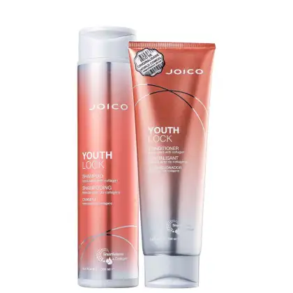 A imagem mostra produtos da linha Joico Youth Lock. Um shampoo 300ml e um condicionador 250ml. As cores predominantes são laranja, branco e prata.