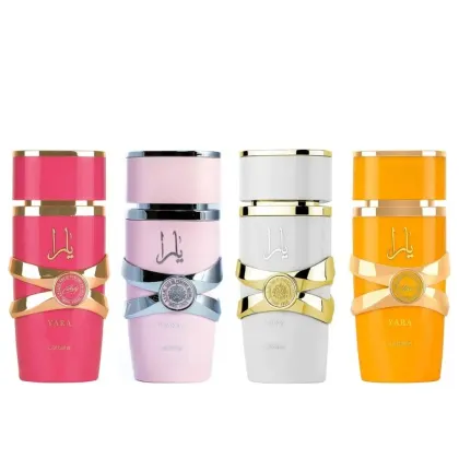 Quatro frascos de perfume da marca Lattafa, em cores rosa, lilás, branco e laranja, com detalhes dourados e rótulos com o nome da marca e da fragrância "Yara".