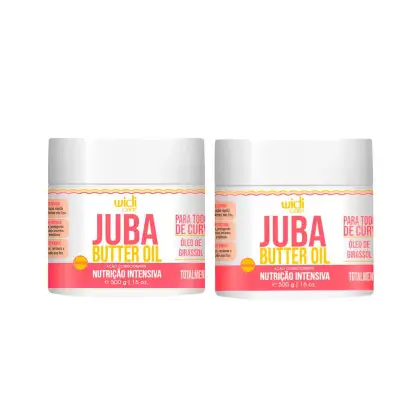 Dois frascos brancos de máscara capilar da marca Widi Care, com rótulos em vermelho e amarelo indicando "Juba Butter Oil" e "Nutrição Intensiva". Cada frasco possui 500g de produto.