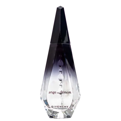 Perfume em frasco de vidro transparente com formato piramidal alongado. A parte superior é escura, em tom roxo profundo. O frasco tem um rótulo branco na base com o texto "ange ou démon" e o logotipo "GIVENCHY" abaixo.