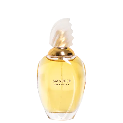 Frasco de perfume Amarige da Givenchy, com tampa dourada em formato de flor e corpo de vidro transparente contendo líquido amarelado. O rótulo exibe o nome da fragrância em letras pretas.