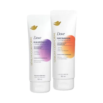 Dois frascos brancos da marca Dove, um com rótulo roxo contendo "Hialurônico" e outro com rótulo laranja contendo "Niacinamida". Ambos os produtos são descritos como hidratantes e regenerativos para a pele.