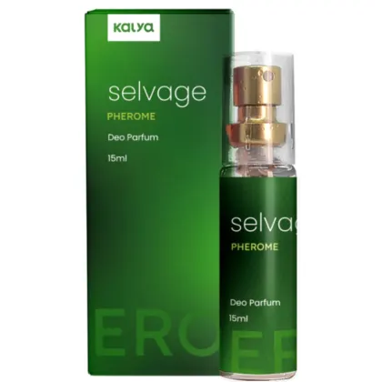 Produto de beleza da marca Kalya, com embalagem verde contendo frasco de 15ml de Deo Parfum da linha Selvage Pherome. Rótulo com nome do produto e informações em destaque.