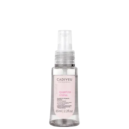 Frasco transparente de 65ml com rótulo rosa da linha Quartzo Shine da Cadiveu Professional, contendo um produto líquido para aplicação em cabelos.