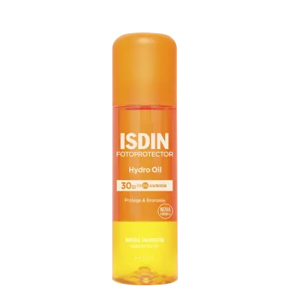 Frasco de óleo hidratante fotoprotetor ISDIN com FPS 30, em embalagem laranja e amarela, com rótulo destacando "Hydro Oil" e "Protege & Bronzeia".
