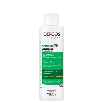 Frasco branco de shampoo dermatológico da marca Dercos Technique, da Vichy, com rótulo verde e amarelo. Contém 125g de produto e promete eliminar 100% da caspa visível e impedir o reaparecimento por 4 semanas.