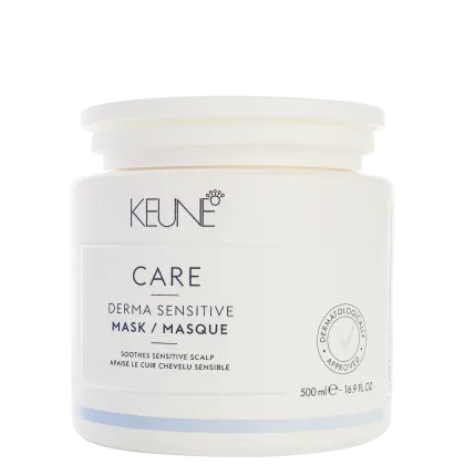 Frasco branco da linha Care da Keune, contendo máscara dermatologicamente aprovada para couro cabeludo sensível, com 500 ml de capacidade.