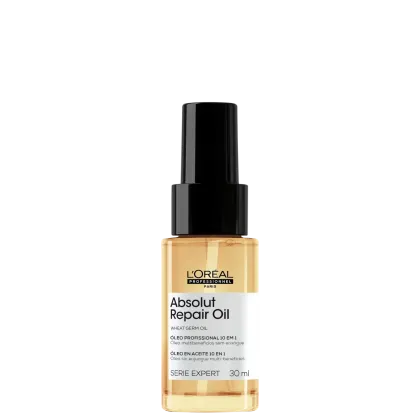 Frasco de óleo reparador Absolut Repair Oil da L'Oréal Professionnel, com 30 ml de produto. Embalagem preta e dourada, com rótulo destacando o nome do produto e a descrição "Óleo multibeneficios sem enxágue".