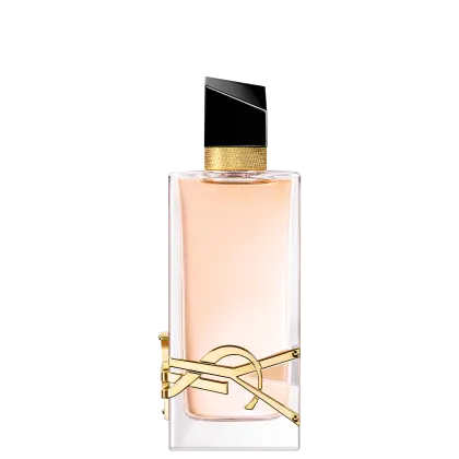 Frasco de perfume Yves Saint Laurent com design elegante e minimalista em preto e dourado. Embalagem retangular com tampa destacada e detalhes dourados na parte superior.
