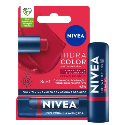 Produto de beleza NIVEA Hidra Color, um hidratante labial em embalagem vermelha e azul com proteção solar FPS 30 e vitamina E, contendo óleo de amêndoas orgânico.