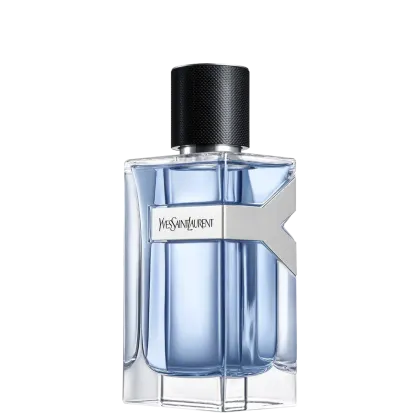 Frasco de perfume Yves Saint Laurent com design moderno e elegante, em tons de azul e prata, com tampa preta de acabamento texturizado. O rótulo exibe claramente o nome da marca.
