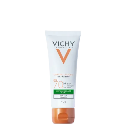 A imagem mostra o Protetor Solar Facial Purify Sem Cor FPS 70 da marca Vichy.
