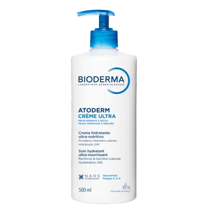 Frasco branco com bomba doseadora azul, rótulo com marca Bioderma e nome do produto "Atoderm Crème Ultra" para peles normais a secas, creme hidratante ultra-nutritivo.