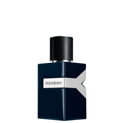 Frasco de perfume Yves Saint Laurent com design geométrico em preto e prata, com rótulo destacado em letras brancas. Embalagem elegante e minimalista, com tampa preta texturizada.