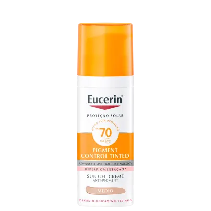 Frasco de protetor solar em gel-creme da marca Eucerin, com fator de proteção solar 70 UVB/UVA, com tecnologia de controle de pigmentação, na cor média.