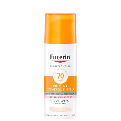Frasco de protetor solar em gel-creme da marca Eucerin, com fator de proteção solar 70 UVB/UVA, com tecnologia de controle de pigmentação, na cor clara.