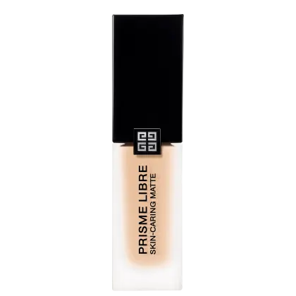 Embalagem preta e branca de um produto de maquiagem da marca Givenchy, com o nome "PRISME LIBRE" e a descrição "SKIN-CARING MATTE" impressos. O produto possui uma forma retangular com um logotipo quadrado no centro.